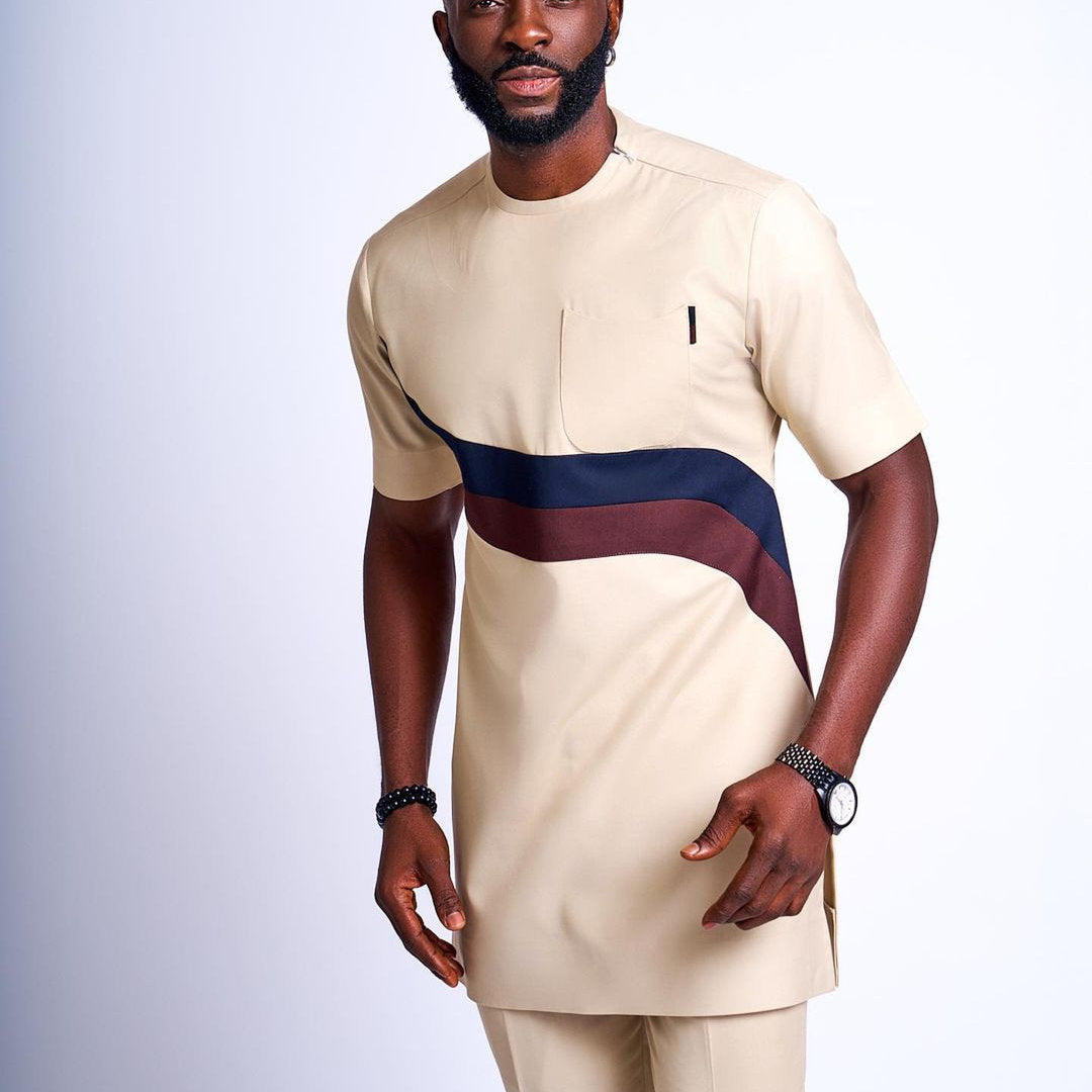 African Men's Kaftan in Beige, a custom-sized Senator Wear