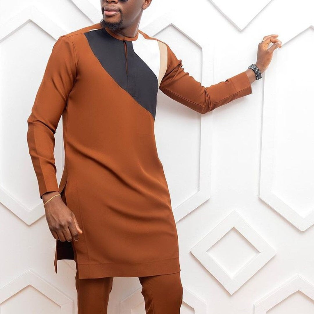 African Men Kaftan, Custom Sized Senator Wear, Brown Design, Traditional Nigerian Clothing