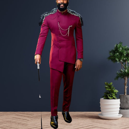 African Men Kaftan, Royal Burgundy Senator Wear, Custom Sized Nigerian Clothing, Wedding Attire Gift for Men