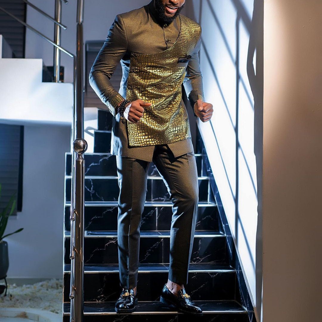 Luxury African Men Kaftan | Custom Sizing | Crocodile Pattern