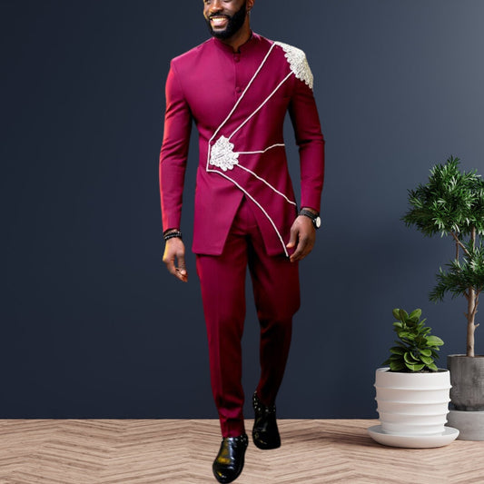 African Men Kaftan, Burgundy Senator Wear, Custom-Sized Nigerian Clothing, Wedding Attire for Men, Formal Office Wear