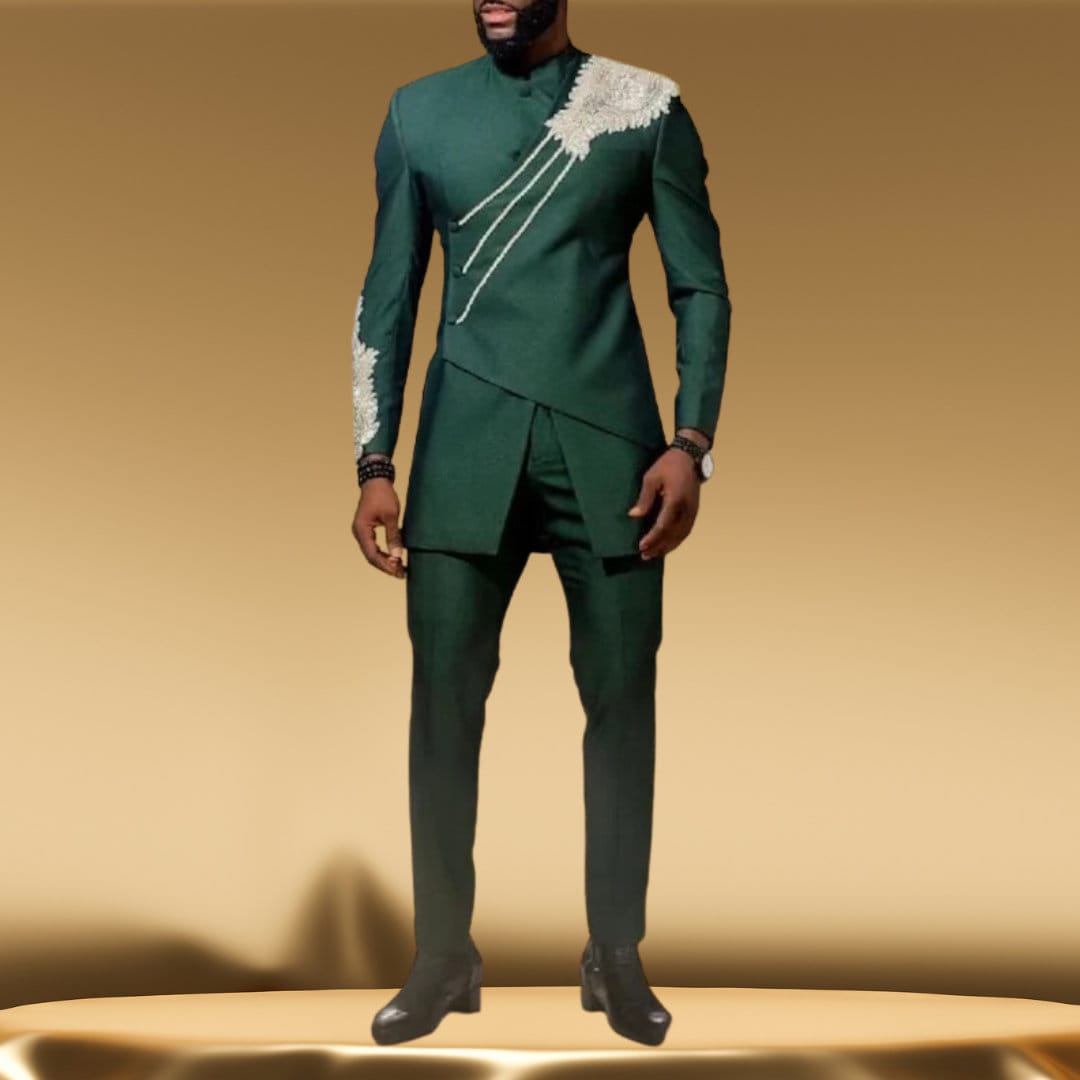 African Men Kaftan Green, Custom Size Senator Wear, Nigerian Clothing for Men, Wedding Attire, Office Wear, Long Sleeve