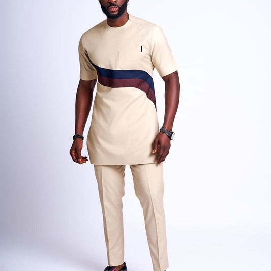 African Men's Kaftan in Beige, a custom-sized Senator Wear