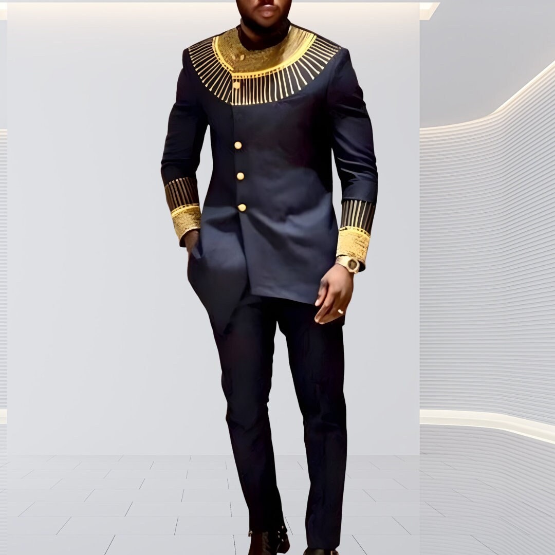 Luxury African Men Kaftan | Custom Sizing | Navy Blue