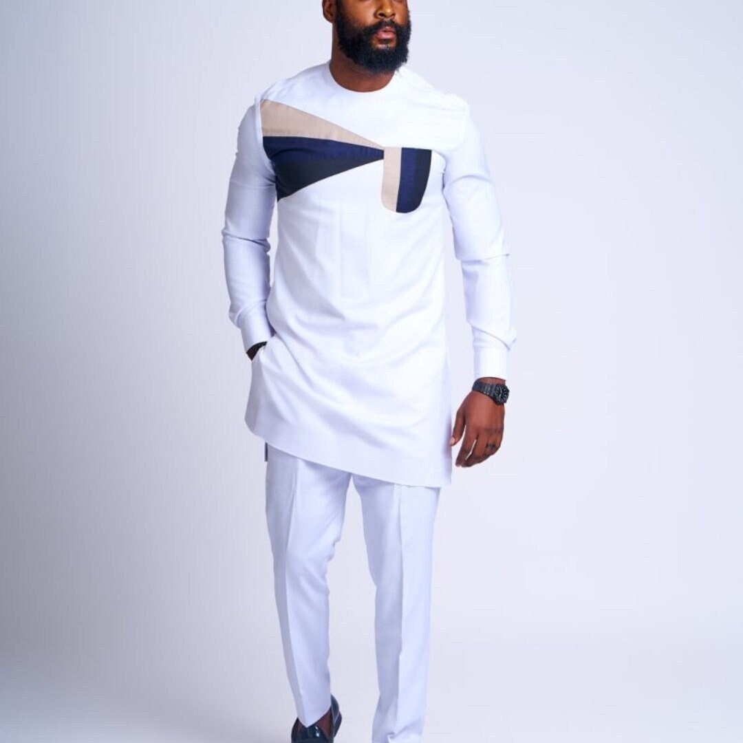 African Men Kaftan, Custom Sized Senator Wear, Nigerian Traditional Clothing, Wedding Attire, Office Wear, Long Sleeve, White Design