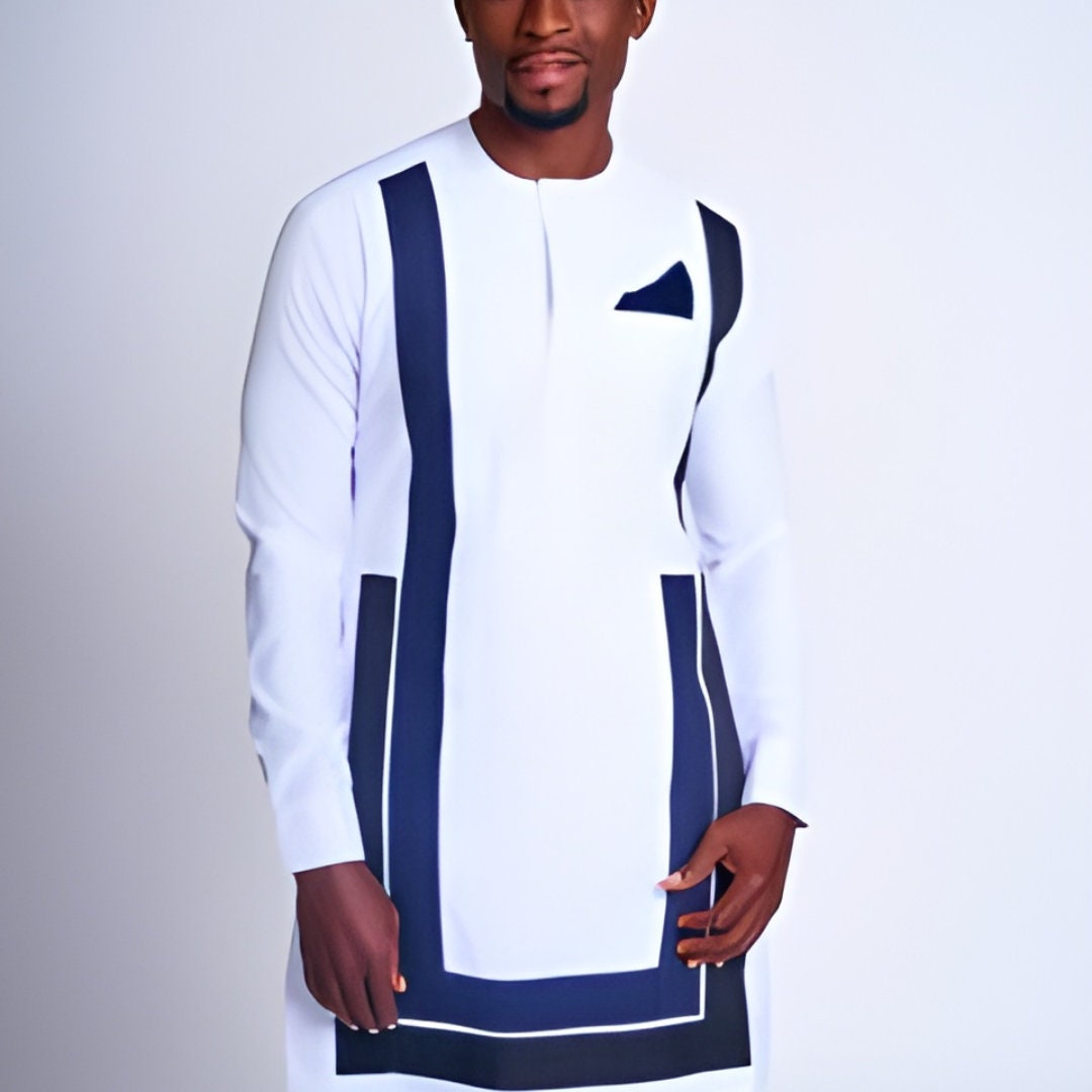 African Men's Kaftan in White & Blue.