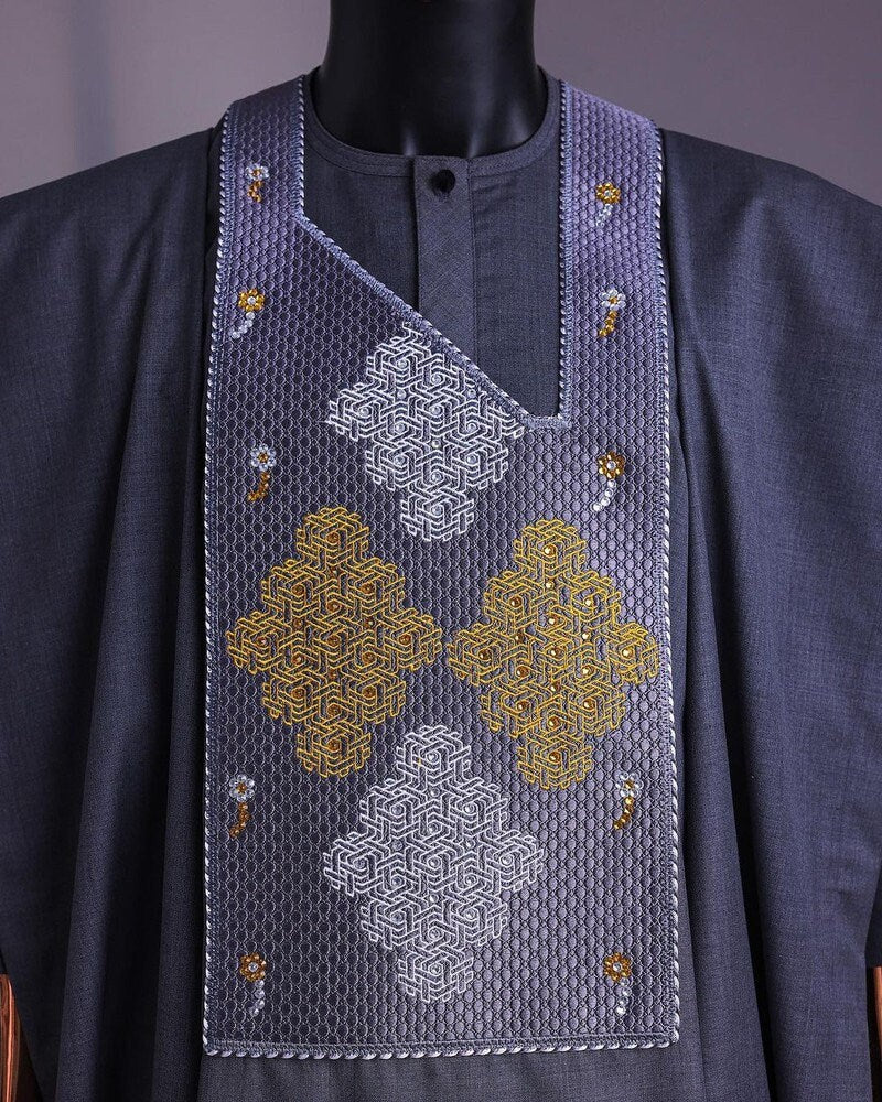 Luxury Grey Agbada, African Suit for Men, Nigerian Clothing for Men, Wedding Attire, Custom-sized Agbada