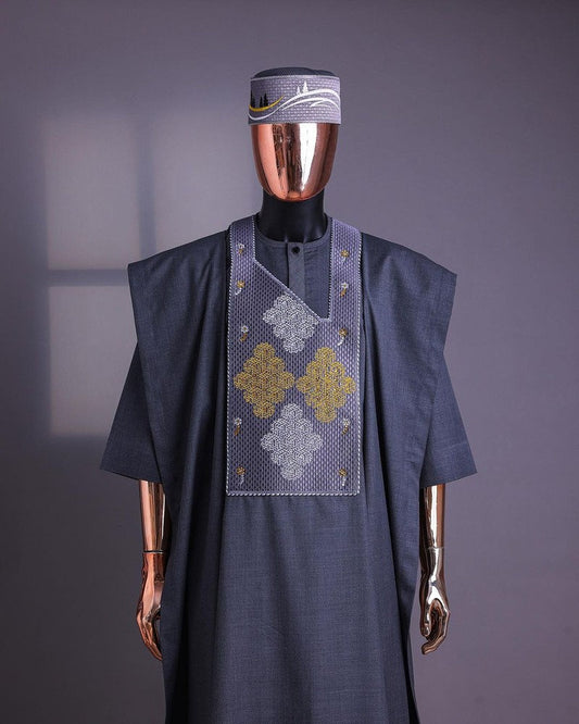 Luxury Grey Agbada, African Suit for Men, Nigerian Clothing for Men, Wedding Attire, Custom-sized Agbada