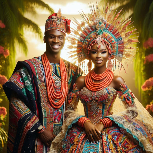 Nigerian couple dressed in traditional attire.