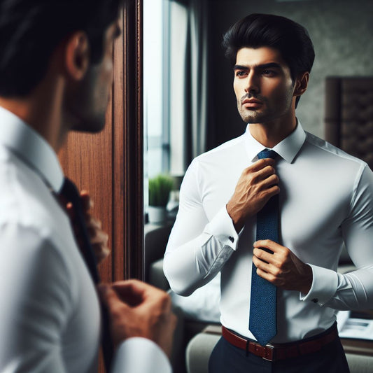 man in sharp attire, adjusting tie in front of mirror.