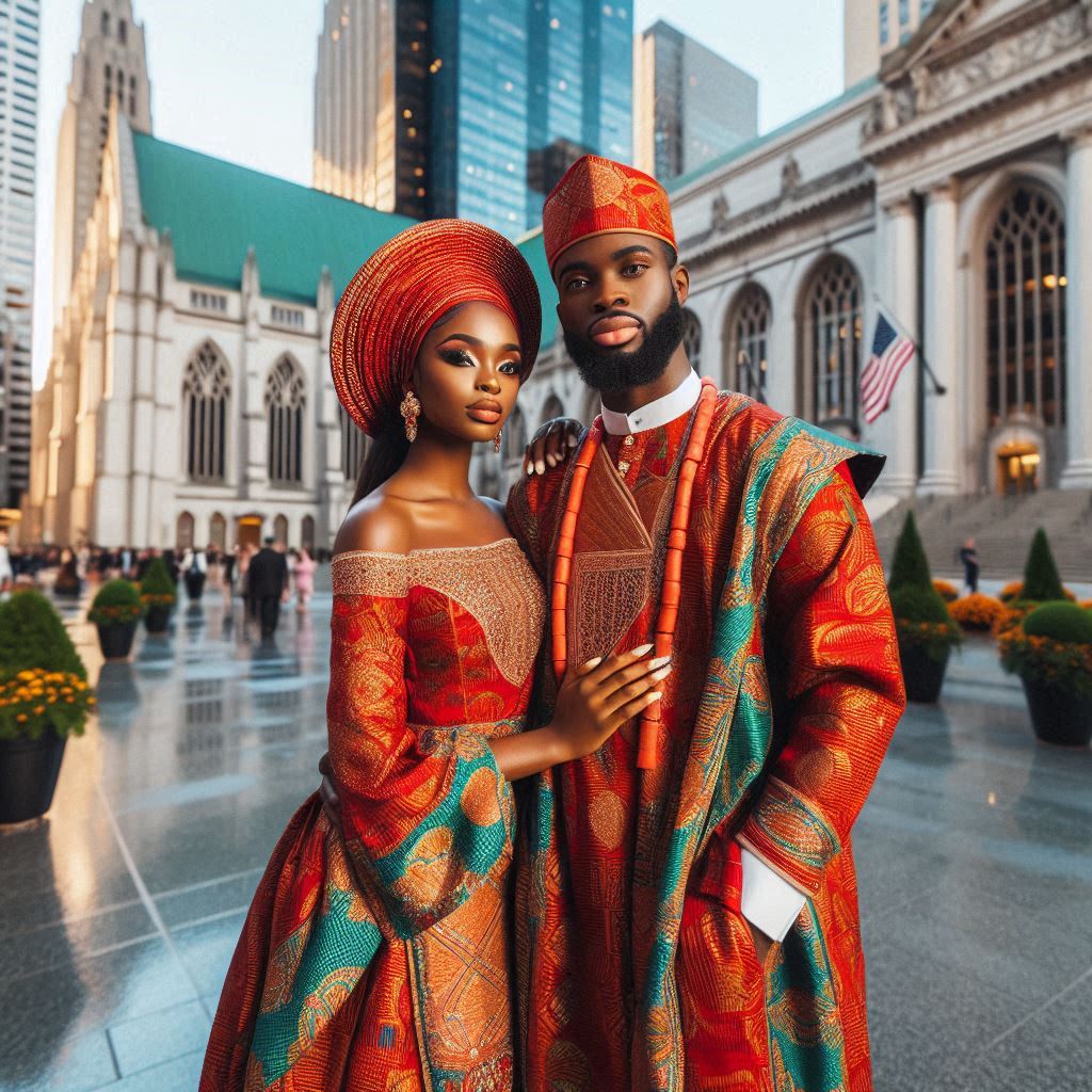 Bride and groom are dressed in traditional Nigerian attire in Atlanta.