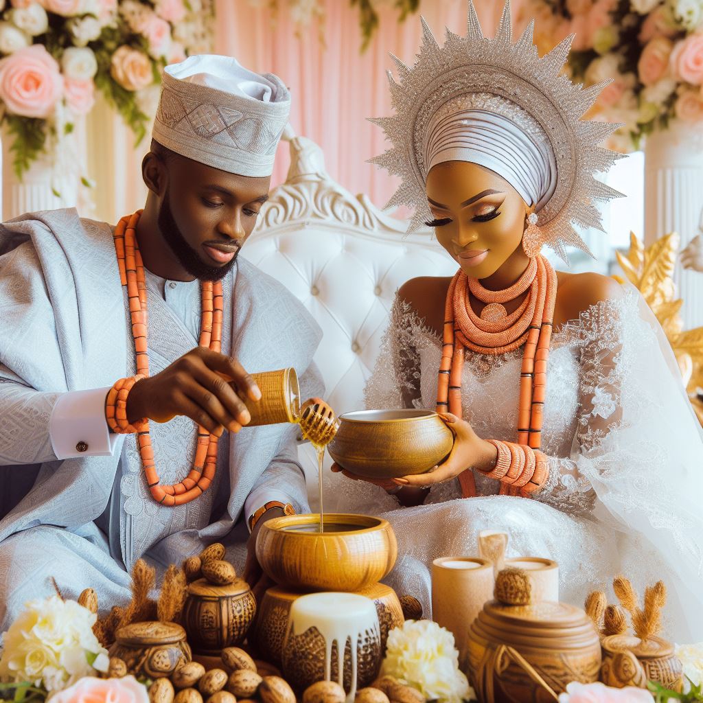 A bride and groom are dressed in traditional Nigerian attire, with the bride tasting honey. 