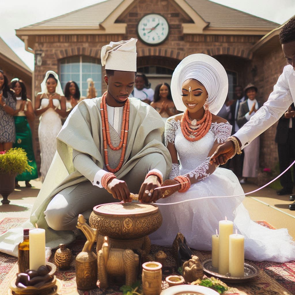 Nigerian couple in Texas performing Nigerian wedding rites.