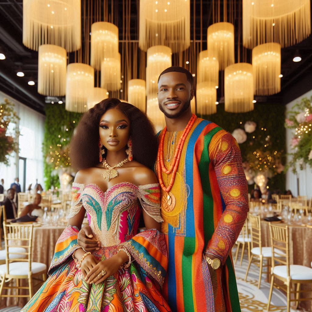 couple in traditional Nigerian wedding attire, standing in a wedding hall in Atlanta.