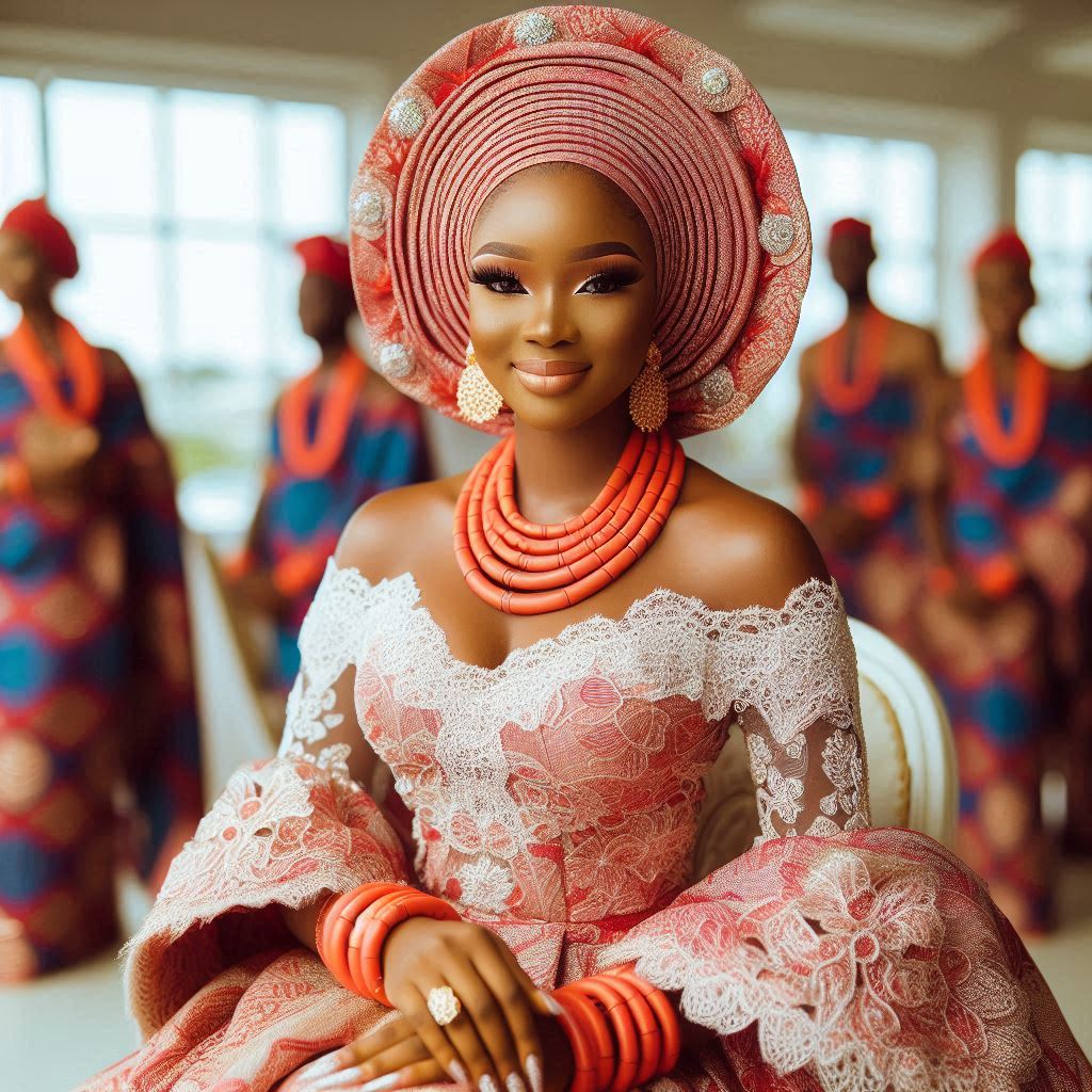 A vibrant Nigerian wedding ceremony in Texas, featuring the bride in traditional attire. 