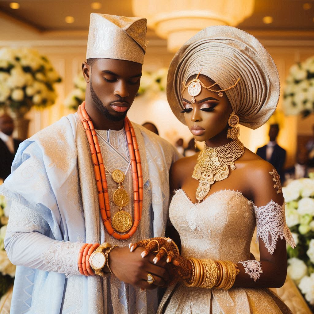 Couple in traditional Nigerian wedding attire, standing in a beautifully decorated Atlanta venue. 