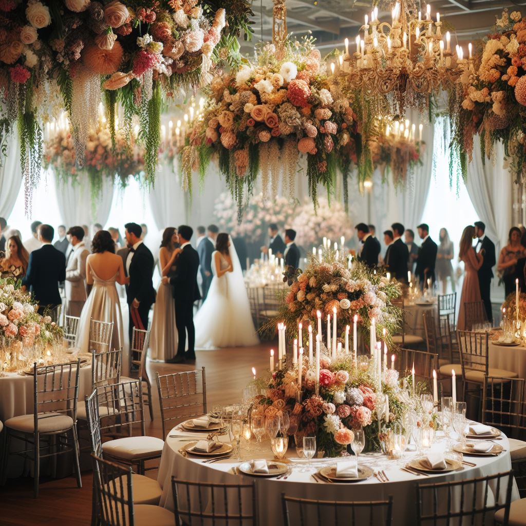 An elegant wedding venue adorned with floral arrangements and decor, with guests mingling and enjoying the celebration.