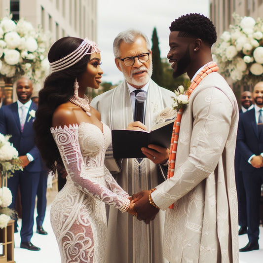 A couple stands hand in hand in front of an officiant, exchanging vows during a Nigerian wedding ceremony in Texas.