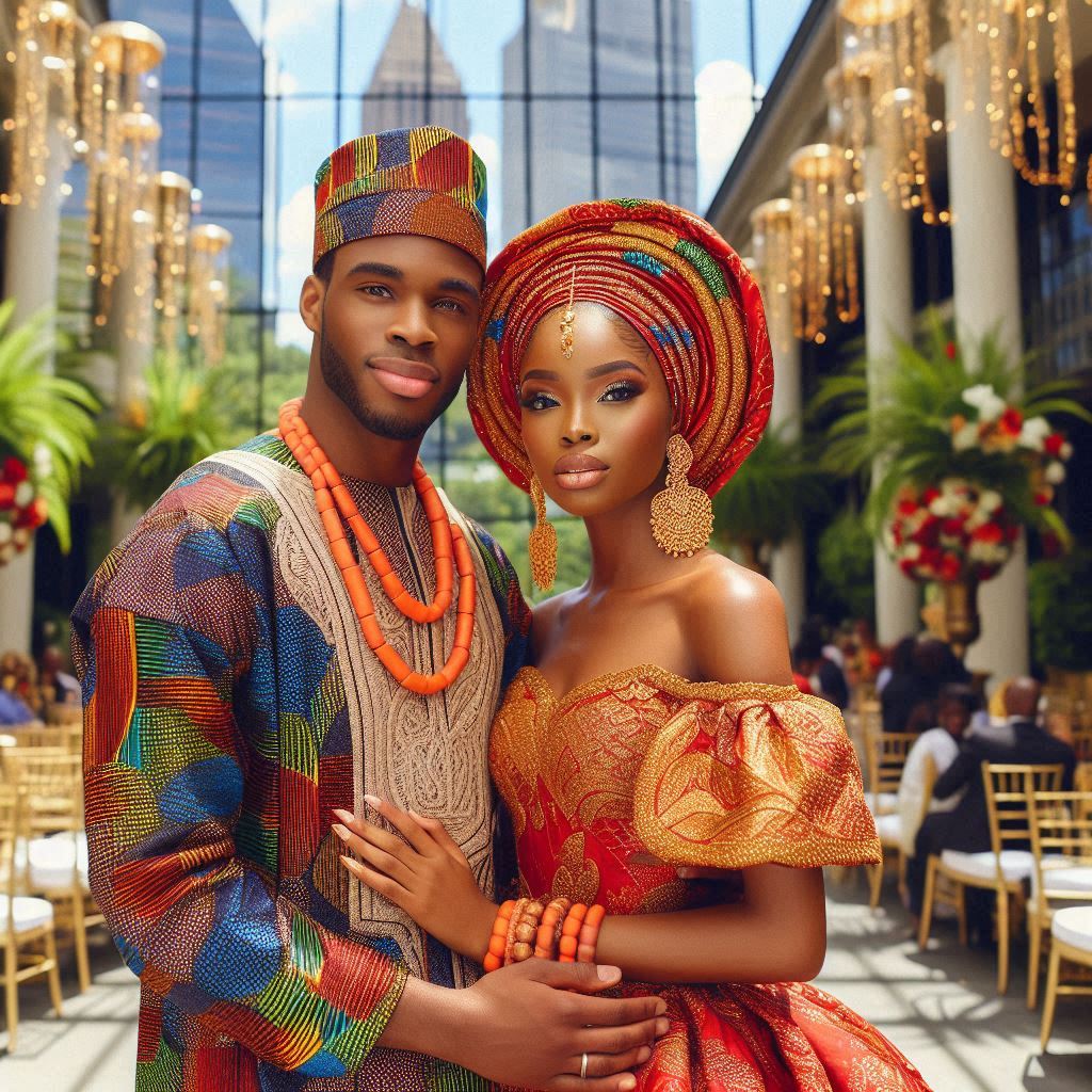  A vibrant Yoruba wedding scene set in a beautifully decorated venue. 