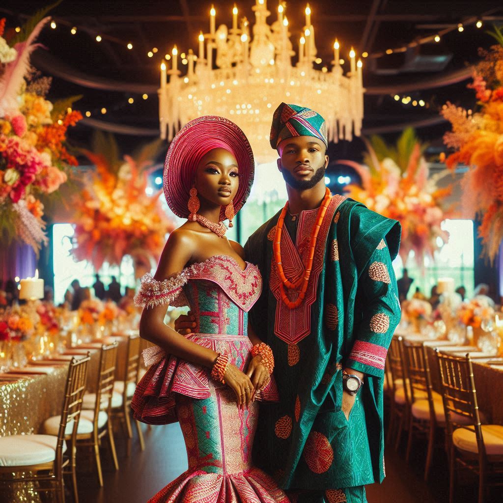 A vibrant wedding venue with bold Nigerian-inspired decor featuring colorful Ankara and Kente fabrics, floral centerpieces, and a traditional bride and groom in stunning Aso Oke and agbada attire.