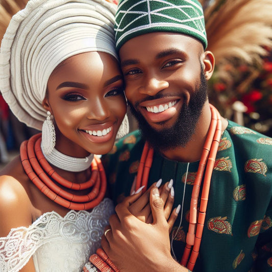 Joyful Nigerian couple dressed in traditional Igbo attire.
