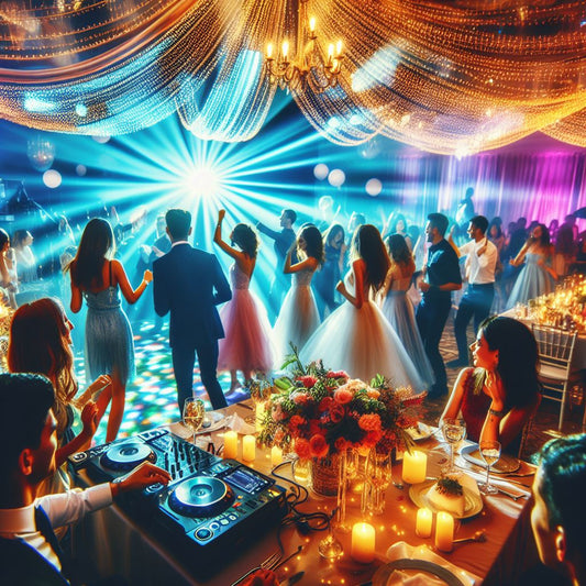A wedding reception with guests dancing joyously to the music played by a talented DJ.