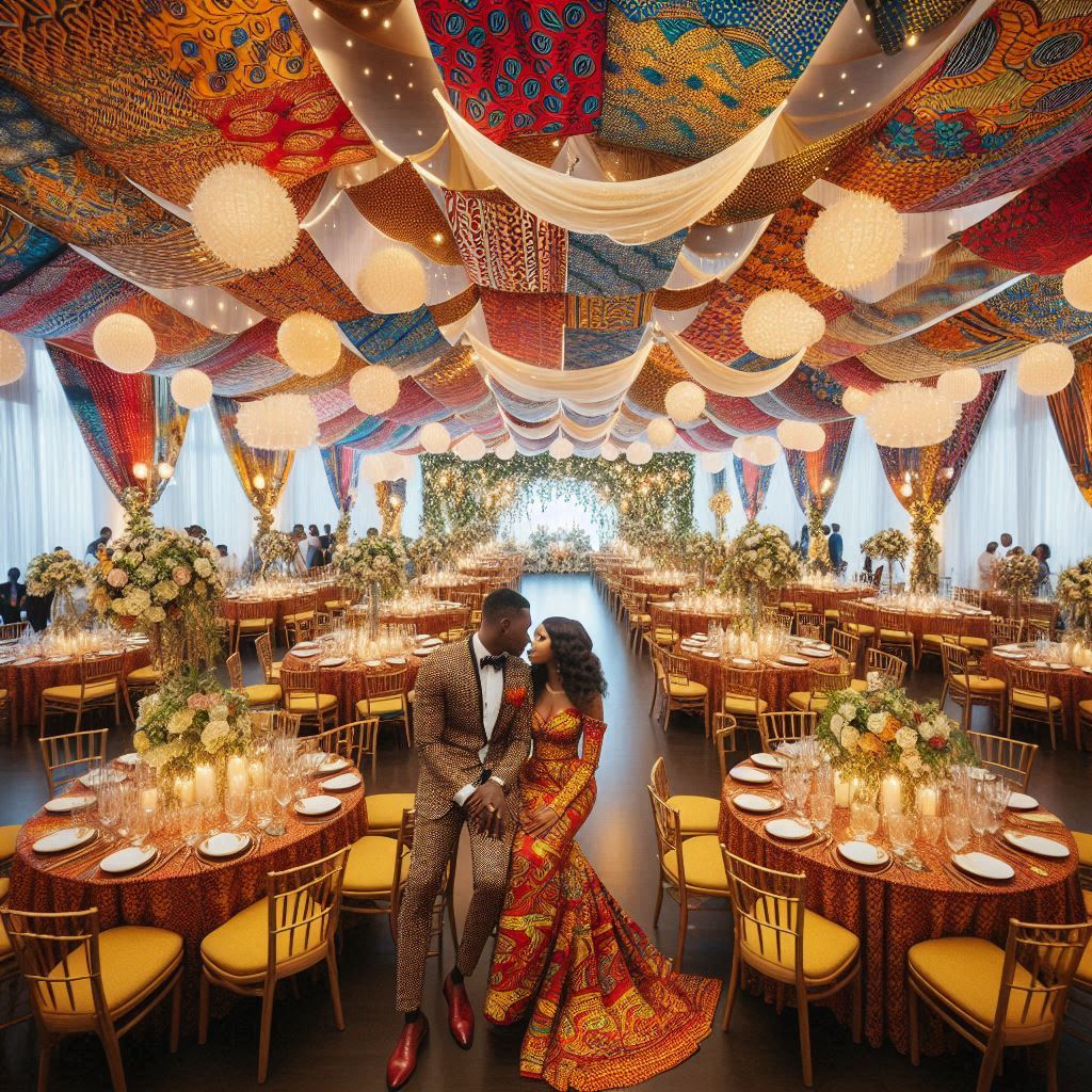 A beautifully decorated wedding venue with vibrant Ankara fabrics draped over tables and chairs.