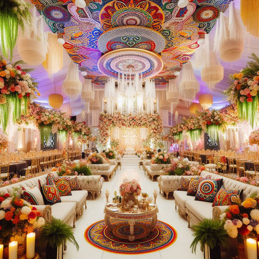 An elegant wedding venue adorned with vibrant Nigerian cultural decor.  