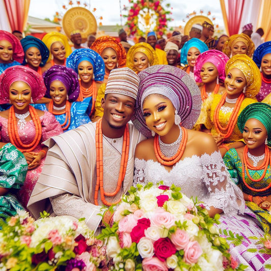 Nigerian bride and groom dressed in traditional attire.