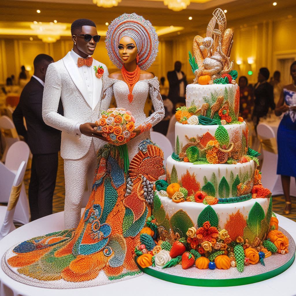 Nigerian couple and their wedding cake.