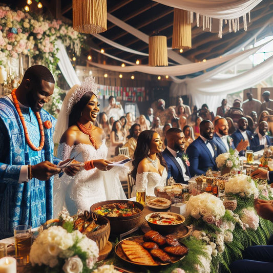 a bride and groom dressed in a fusion of traditional Nigerian and modern Texan wedding attire.