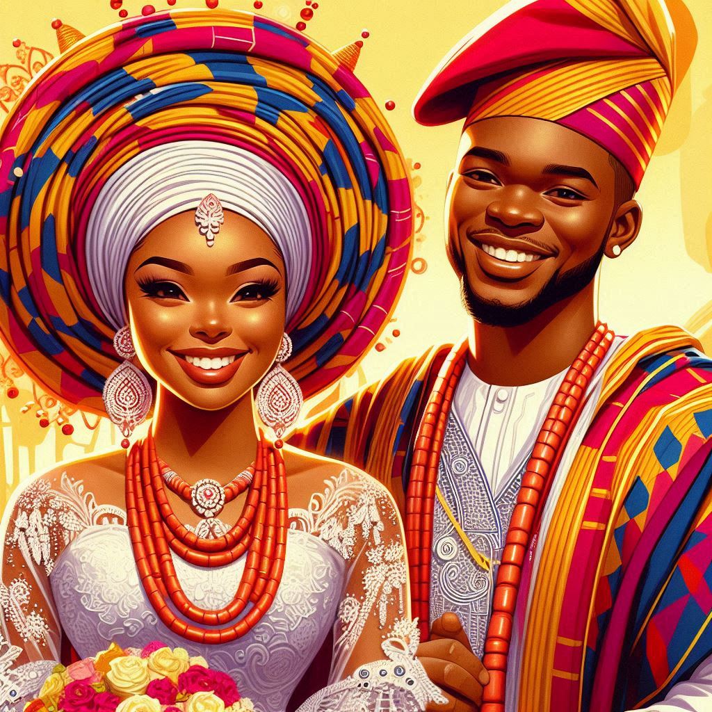 A joyous Nigerian wedding scene with a bride and groom in vibrant traditional attire. The bride wears a colorful gele and elegant iro and buba, while the groom dons an agbada.