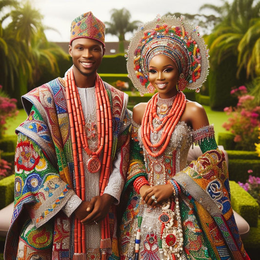A joyful Nigerian couple, dressed in vibrant traditional attire.