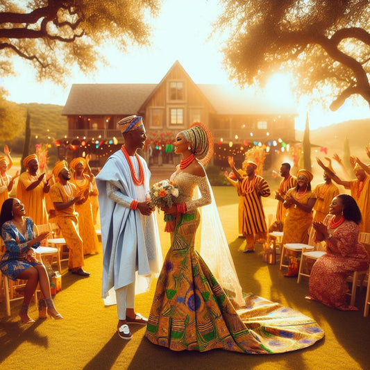 A vibrant image showcasing a Nigerian couple exchanging vows.
