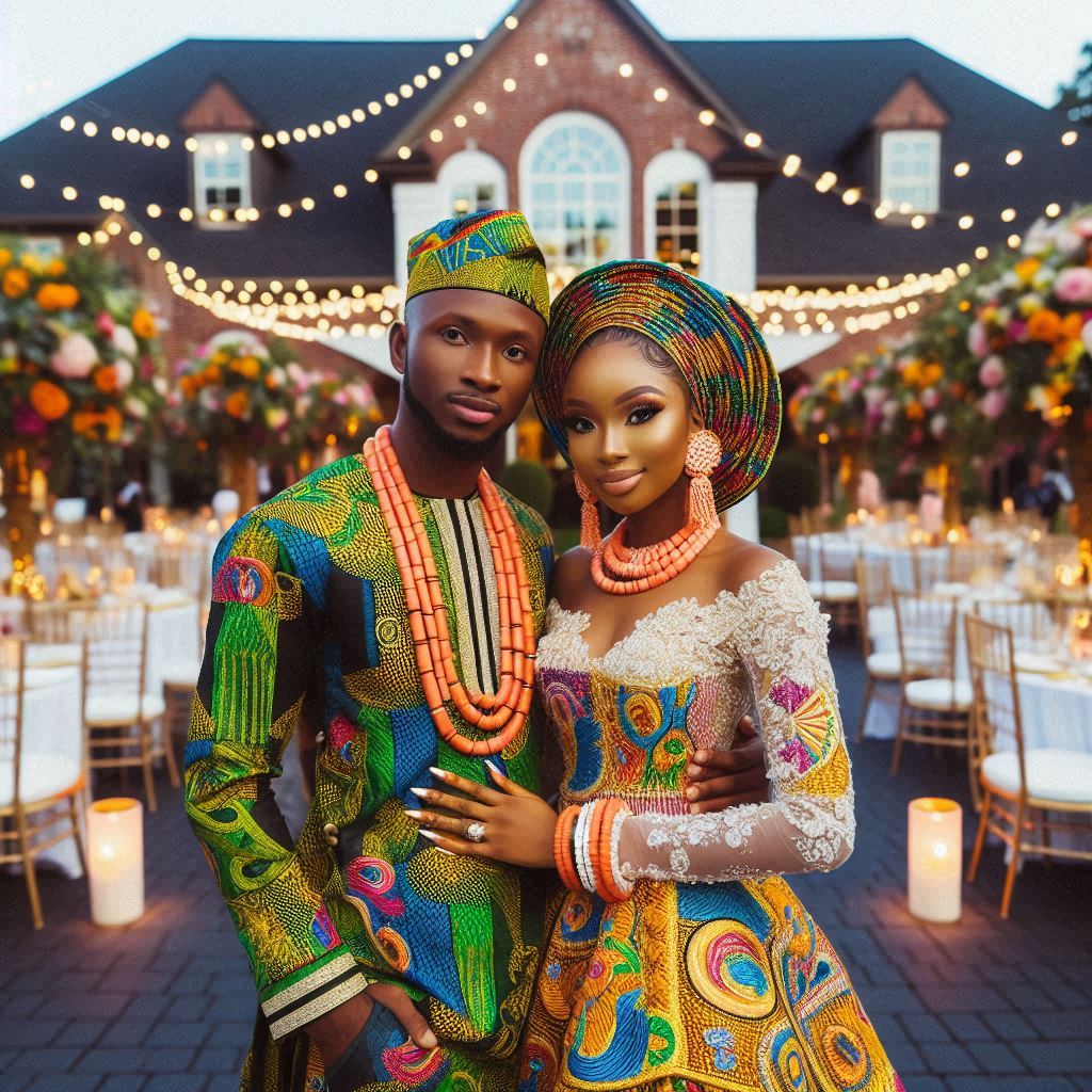 A vibrant Nigerian wedding in Atlanta, showcasing the bride and groom in a traditional wears.