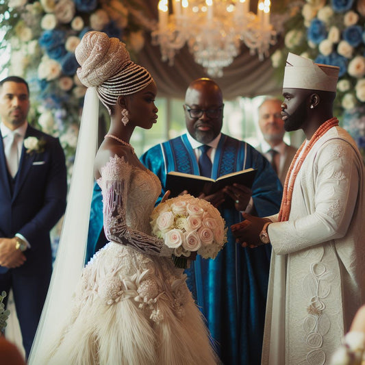 A vibrant wedding scene featuring a Nigerian couple in white wedding gown and agbada. 