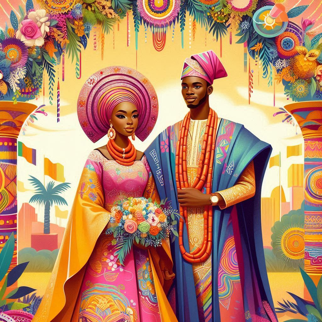 Nigerian wedding in Texas might show a bride and groom dressed in traditional Nigerian attire—Agbada for the groom and a colorful Gele for the bride—surrounded by vibrant cultural decorations.