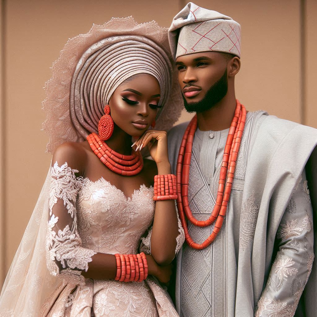 A bride and groom in Nigerian wedding attire. 