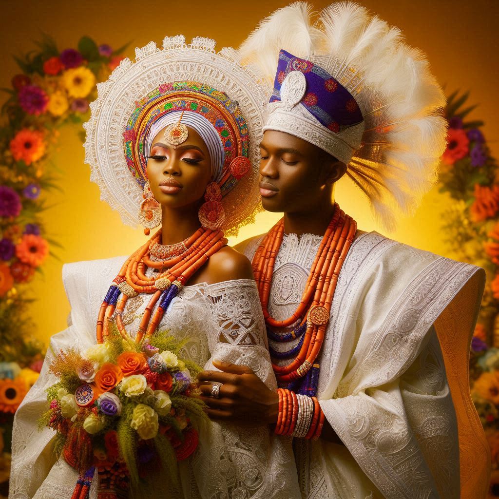 A Nigerian wedding in Texas, featuring the bride in a traditional iro and buba with intricate patterns, and the groom in an elegant agbada. 