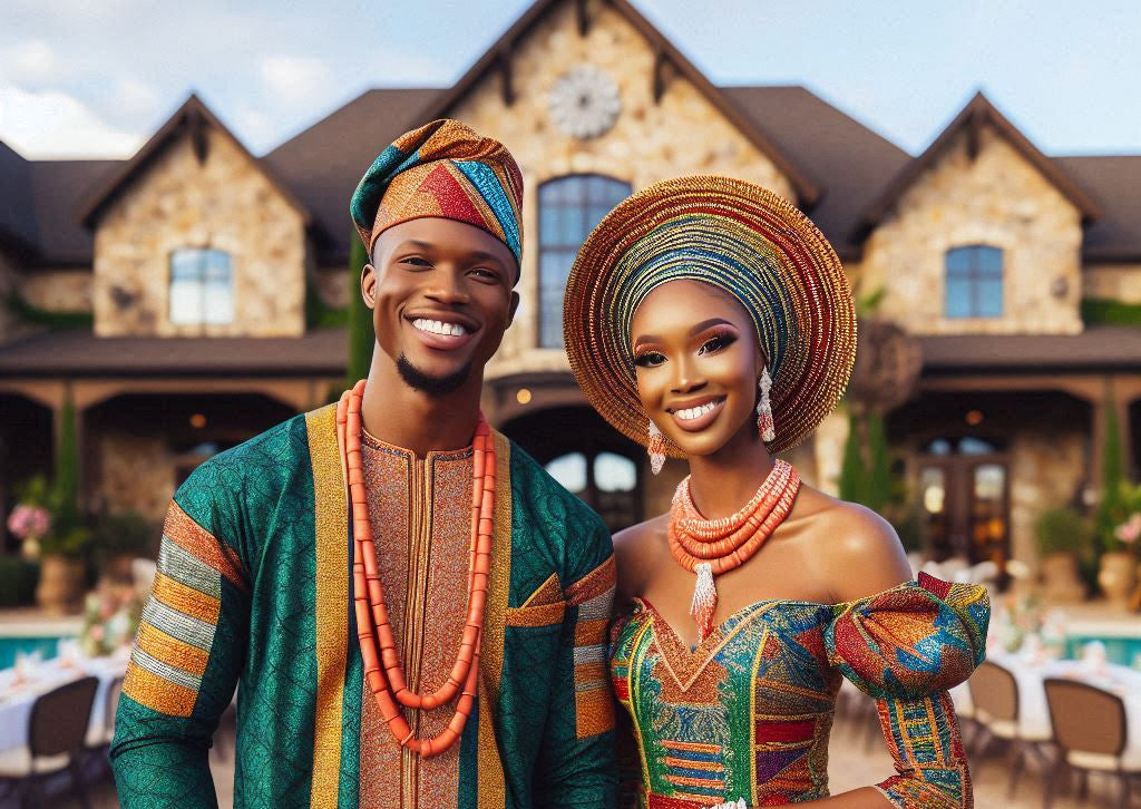 A joyful Nigerian couple in vibrant traditional attire.