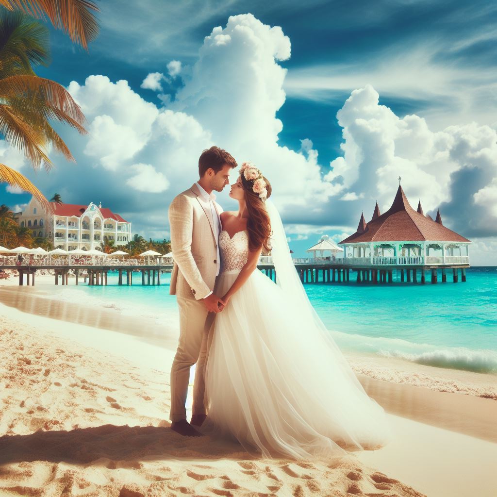 Caribbean beach wedding scene.