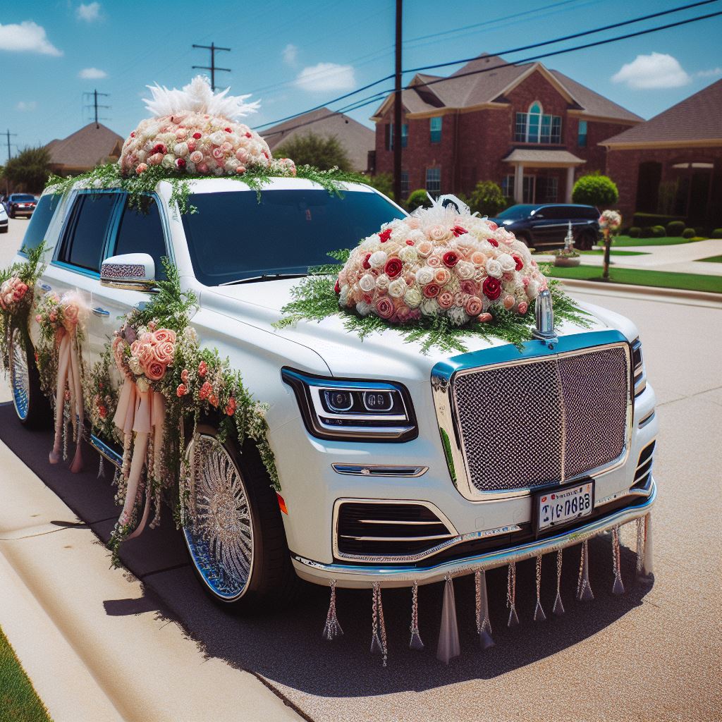 A sleek limousine adorned with traditional Nigerian wedding decorations, parked outside a picturesque venue in Texas.