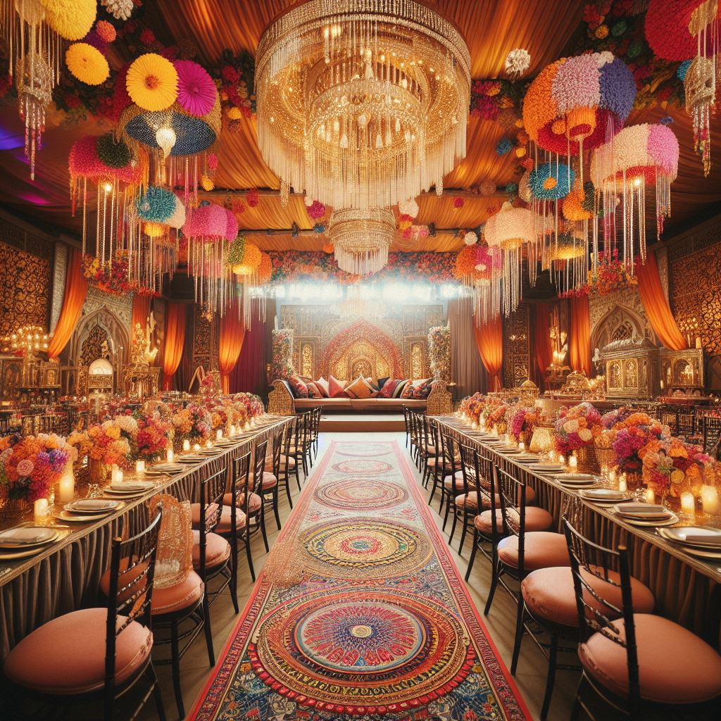 An elegant wedding venue decorated with vibrant cultural elements