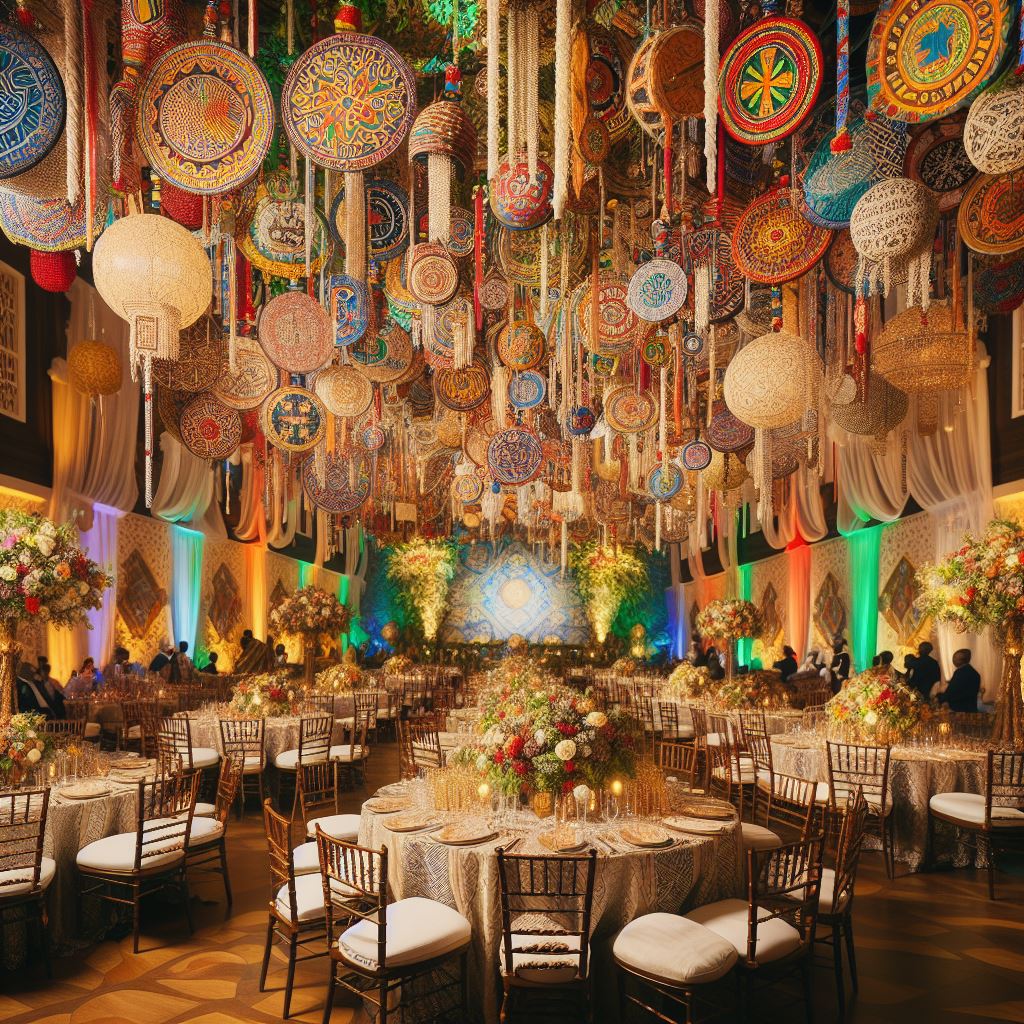 A beautifully decorated wedding venue in Texas, featuring a blend of Nigerian and Western styles. 