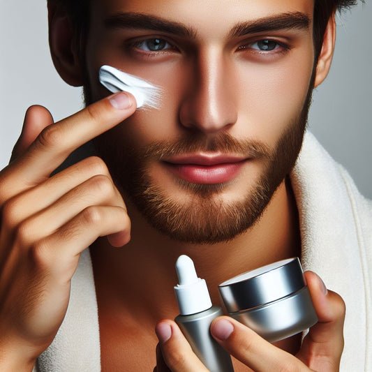 a well-groomed man confidently applying skincare products, with a shelf of grooming essentials.