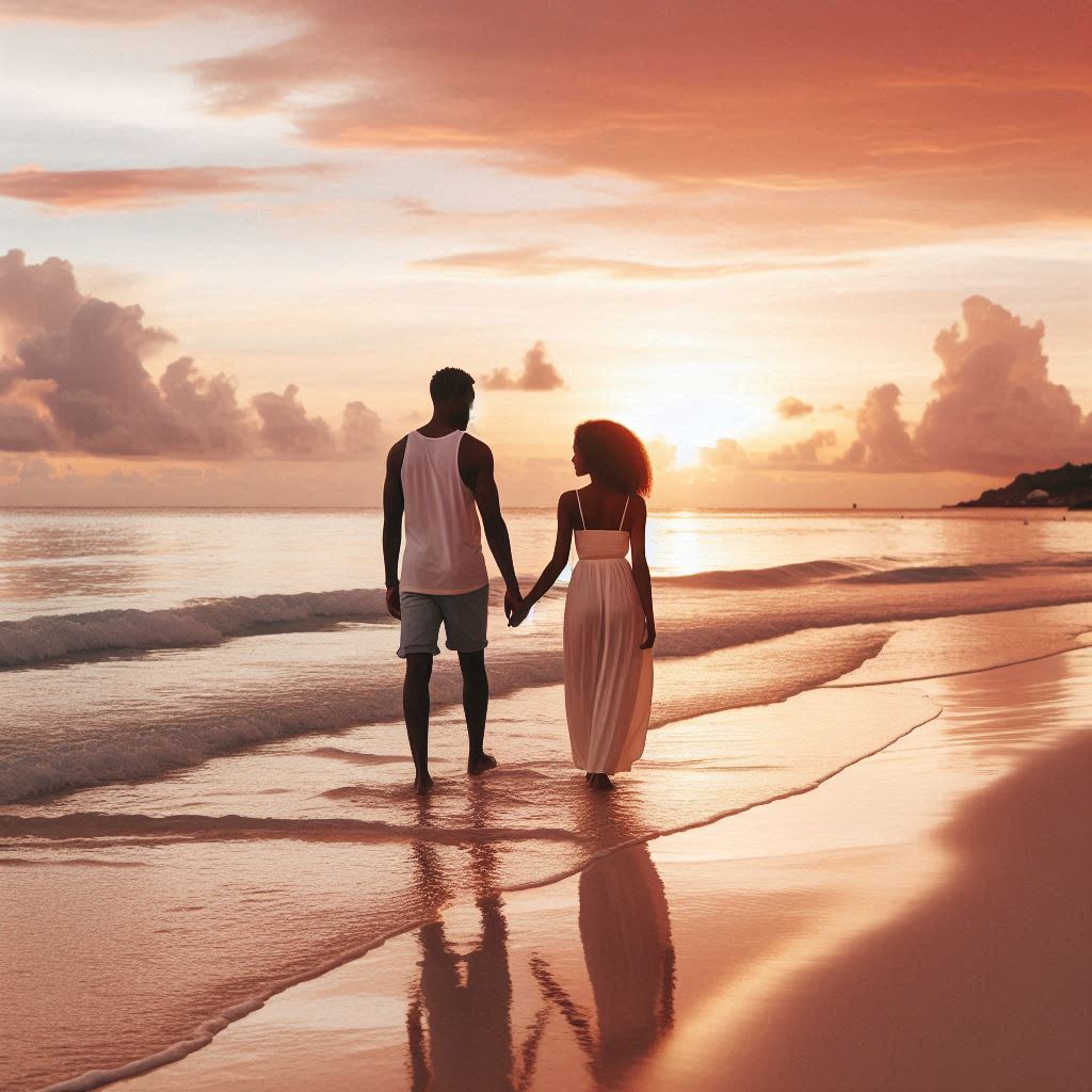 A Nigerian couple walking hand-in-hand along the shoreline. 