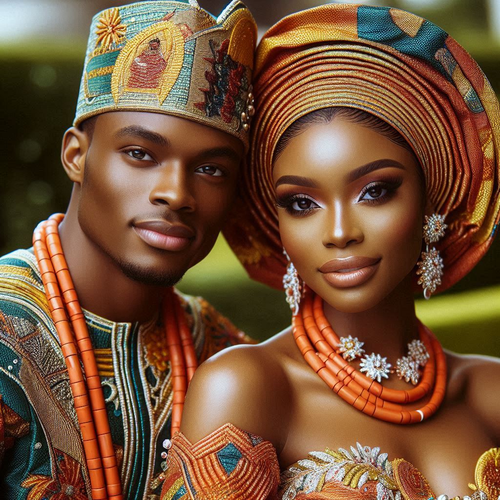 Bride and groom, dressed in elaborate Nigerian attire.