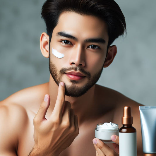 Alt text: Well-groomed man demonstrating men's skincare routine with skincare products on face.