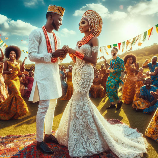  A tender moment between the bride and groom, surrounded by family and friends, as they celebrate their Nigerian wedding in Texas. 