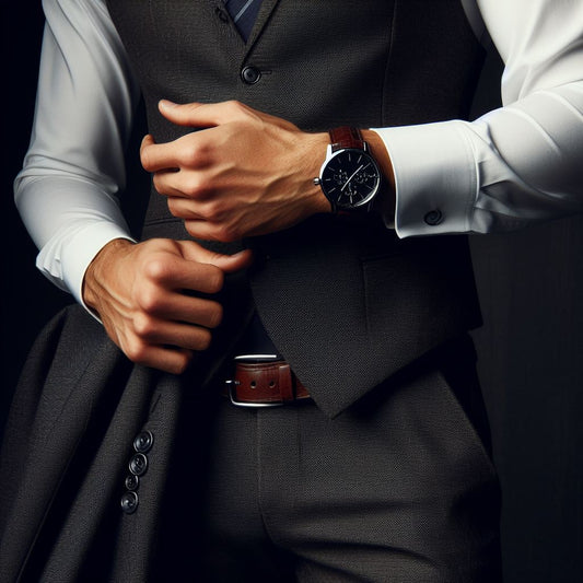 Confident well-dressed man in tailored suit with white shirt and leather shoes, holding stylish timepiece for added elegance.